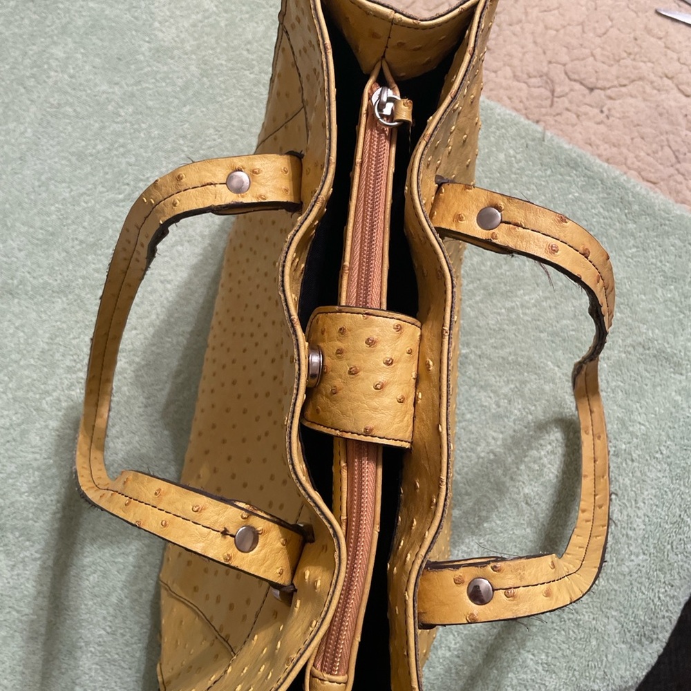 Merona Genuine Ostrich Leather Tote Bag Yellow Mustard Shoulder Bag - Picture 7 of 16